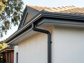 New quad gutters and round downpipes on the eaves of a rendered house