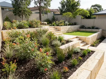 Terraced backyard with new limestone block retaining walls and native planting
